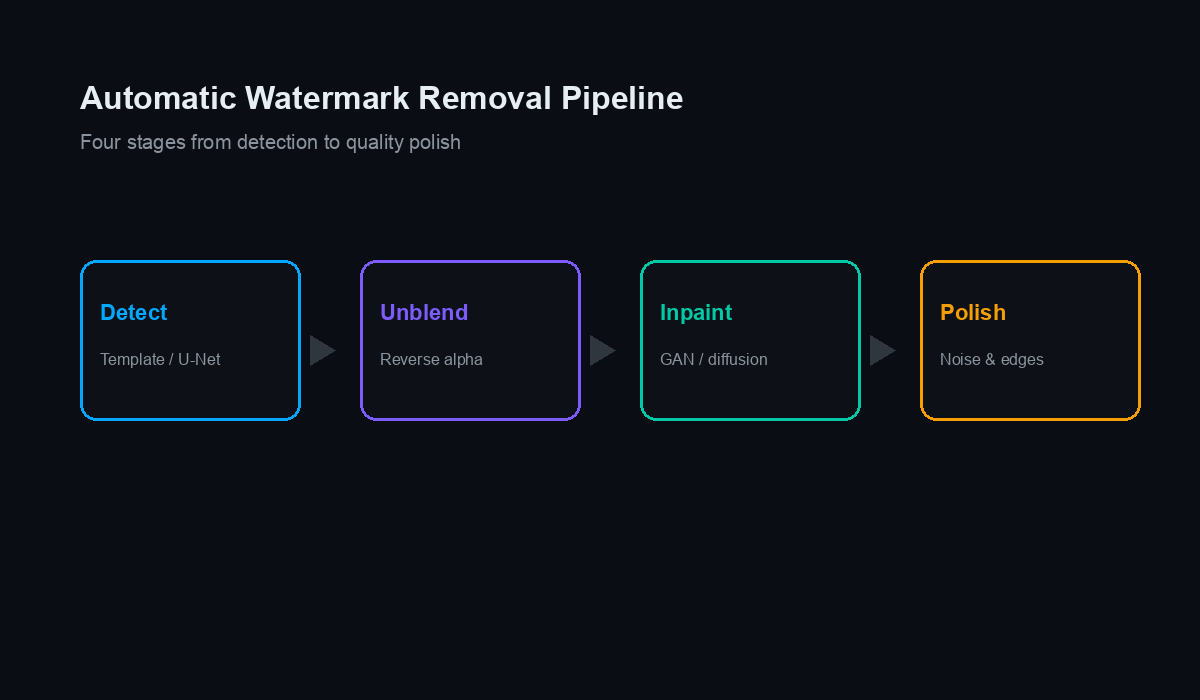 Four-stage automatic watermark detection and removal pipeline diagram