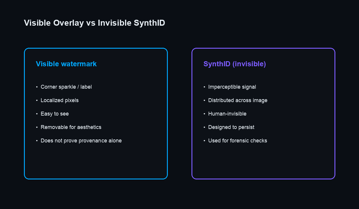 Visible Gemini watermark compared with invisible SynthID labeling
